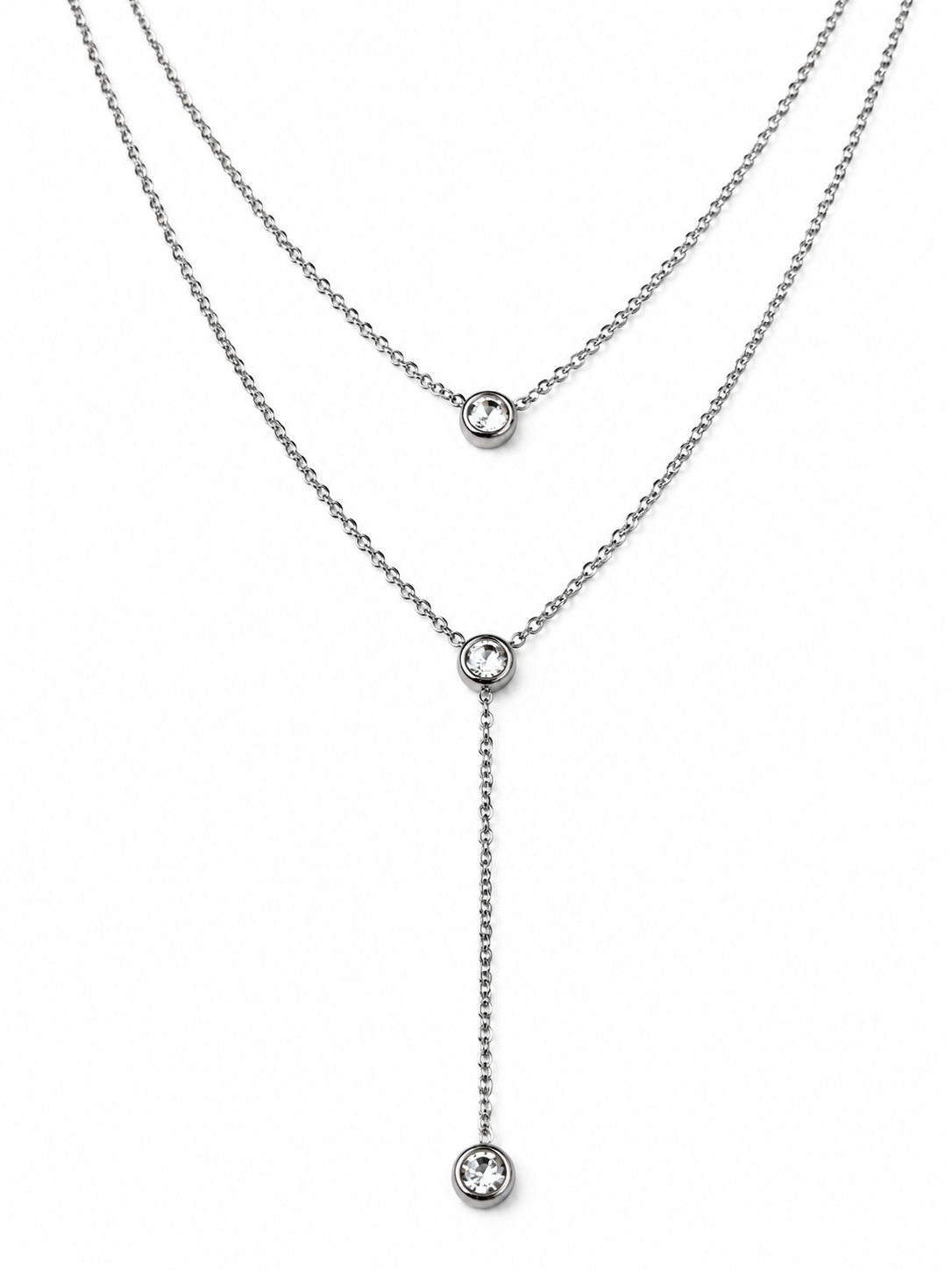 Aube Necklace N018　オーデネックレスN008のメイン画像　2連チェーンで外側チェーンがy字デザイン各チェーンぼトップにはジルコニアがあしらわれています